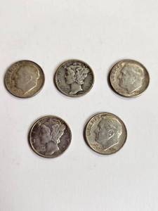 lot 165 image: Lot of 5 Vintage U.S. 90% Silver Dimes&nbsp