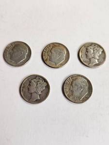 lot 168 image: Lot of 5 Vintage U.S. 90% Silver Dimes&nbsp
