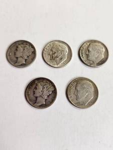 lot 170 image: Lot of 5 Vintage U.S. 90% Silver Dimes&nbsp
