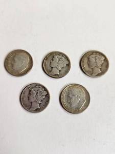 lot 171 image: Lot of 5 Vintage U.S. 90% Silver Dimes&nbsp