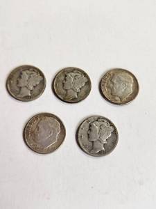 lot 172 image: Lot of 5 Vintage U.S. 90% Silver Dimes&nbsp