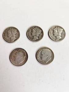 lot 175 image: Lot of 5 Vintage U.S. 90% Silver Dimes&nbsp