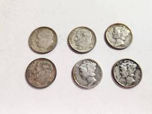 lot 176 image: Lot of 6 Vintage U.S. 90% Silver Dimes&nbsp