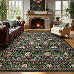 lot 18974 image: GarveeHome Area Rugs 8x10 for Living Room, Forest Green Floral Large Washable Rug Soft Non Slip Carpet Indoor Thin Accent Rug for Bedroom Dining Room Playroom Nursery Home Decor - Retail $64