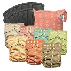 lot 19036 image: Babies Beginning 7-Pack Reusable Cloth Diapers with AWJ Interior �� Includes 14 Absorbent Inserts and 1 Wet Bag �� Adjustable, Waterproof, and Washable (Moss & Maple, Charcoal Inserts) - Retail $35