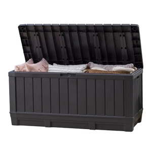 lot 19070 image: Keter Kentwood 92 Gallon Resin Deck Box-Organization and Storage for Patio Furniture Outdoor Cushions  Throw Pillows  Garden Tools and Pool Floats  Graphite - Retail $99