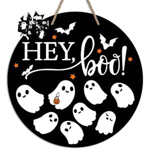 lot 19079 image: Halloween Decorations Welcome Door Sign Halloween Front Door Wall Signs Wood Hanging Decor Wreath Home Party Outdoor Door Hanger - Retail $25