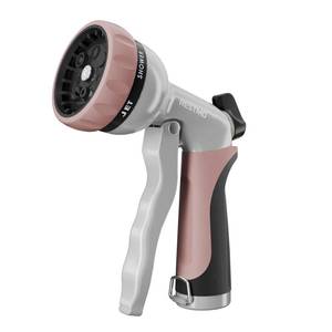lot 19122 image: RESTMO Garden Hose Nozzle, Heavy Duty Water Hose Nozzle with 7 Adjustable Spray Patterns, High Pressure Hand Sprayer with Flow Control, for Watering Plants & Lawns, Washing Cars & Pets, Rose Gold - Retail $20