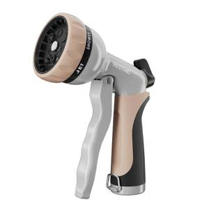 lot 19123 image: RESTMO Garden Hose Nozzle, Heavy Duty Metal Water Hose Nozzle with 7 Adjustable Spray Patterns, High Pressure Hand Sprayer with Flow Control, for Watering Plants & Lawns, Washing Cars & Pets, Gold - Retail $20