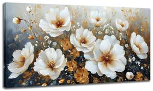 lot 19157 image: RUIFENGL Flower Canvas Wall Art White and Gold Floral Pictures Canvas Prints Wall Art for Living Room Bedroom Bathroom Home Office Decoration Painting Artwork 20x40 - Retail $59