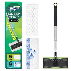 lot 19171 image: Swiffer Sweep and Mop Deluxe  2-in-1 Floor Mopping and Sweeping Kit  Includes 1 Sweeper Device  5 Heavy Duty Dry Sweeping Cloths  6 Heavy Duty Wet Mopping Cloths - Retail $22