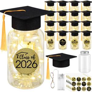 lot 19181 image: 16 Sets 2026 Graduation Table Decorations,Mini Felt Grad Cap Centerpieces for Tables with LED Lights,PET Jars,Stickers,Class of 2026 High School College Party Supplies Decor Gifts (Black) - Retail $30