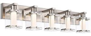 lot 19191 image: WINSHEN 5-Light Brushed Nickel Bathroom Light Fixture in 5-Color Temperature, 3000K-6000K LED Bath Vanity Lighting Over Mirror with Clear Glass Shade & Frosted Coloum for Kitchen - Retail $210