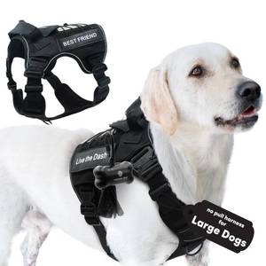 lot 19210 image: No Pull Dog Harness for Large Dogs, 4 Metal Buckles&Double Stitching CAPTAIN DOG - Reflective Harness Large Size Dog with 2 Removable Patches, Tactical Dog Harness with Poop Bag Holder - Black - Retail $20