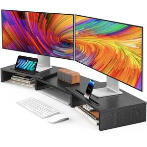 lot 19242 image: AMERIERGO Dual Monitor Stand Riser for 2 Monitors, Monitor Stand for Desk, Adjustable Computer Monitor Stand with 2 Slot, Multifunctional Desktop Organizer Stand for Laptop, PC, Computer, Printer - Retail $30