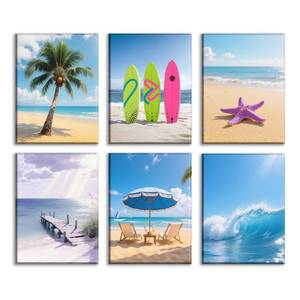 lot 19243 image: 6 PCS Beach Picture Wall Art for Home Decor Beach Poster Summer Wall Decor Surfboard Starfish Waves Palm Tree Canvas Prints for Living Room Decorations 12 �16 in6(Framed) - Retail $60