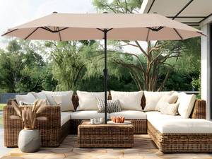 lot 19246 image: PHI VILLA 13ft Large Outdoor Patio Double-Sided Umbrella, Rectangle, Beige - Retail $110