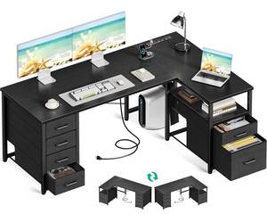 lot 19248 image: Coleshome 55 Inch L Shaped Office Desk with 6 Drawers, Power Outlet, Black - Retail $180