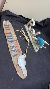 lot 222 image: Relax Wooden Shelf Decor with Blue Fish and Sign.