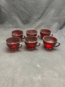 lot 251 image: 6 Red Glass Tea Cups with Handles