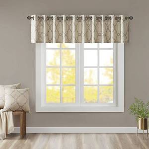 lot 252 image: Two Madison Park Saratoga Fretwork Print Grommet Top Window Valance in BeigeGrey  50 x18