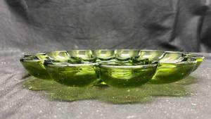 lot 258 image: Green Glass Deviled Egg Plate with Scalloped Edge