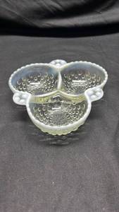 lot 271 image: Opalescent Moonstone by Anchor Hocking Three-Compartment Divided Dish with Handles and Textured Bowls