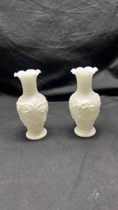 lot 272 image: White Opaque Glass Vases with Raised Leaf and Berry Pattern Ruffled Rim Lot of 2