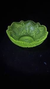 lot 273 image: Clear Crystal Bowl with Geometric and Floral Cut Pattern - Manganese Glow Under UV 365nm