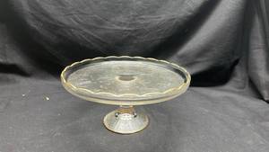 lot 281 image: Mid- Century Jeannette Clear Glass Cake Plate with Gold Trim and Textured Surface