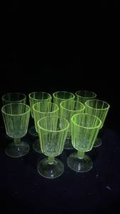 lot 284 image: Ten Antique Water Goblets from the Early American Pattern Glass by the Bryce Glass Company around 1885 - Manganese  Glow Under Ultraviolet 365nm