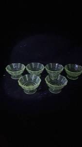 lot 285 image: Set of 6 Antique Bryce Higbee Sprig paneled glass footed compote from the late 1800s - Manganese Glow under Ultraviolet 365nm