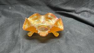 lot 295 image: Amber Glass Footed Bowl with Iridescent Center and Embossed Detailing
