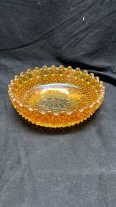 lot 297 image: Amber Textured Glass Bowl with Iridescent Center Motif Approximately 9 inches