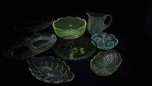 lot 307 image: Glassware Lot 8 Pieces Pressed Glass Dishes Bowls Pitcher - Manganese Glow via UV365nm