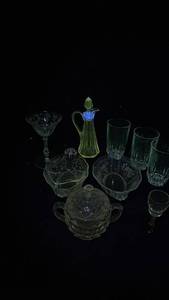 lot 308 image: Glassware Lot Pitcher Bowls Glasses Stemware 9 Pieces - Manganese Glow via UV365nm