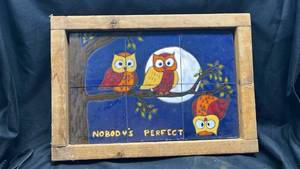 lot 312 image: Nobodys Perfect Owl Tile Wall Art Framed Wood