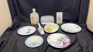 lot 315 image: Hand-Painted Porcelain Tableware Lot with Plates, Cheese Board, and Serving Pieces