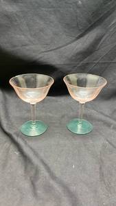 lot 213 image: Watermelon Pink and Green Uranium Depression Era Cocktail Glasses - Glows under Normal Blacklight - Possibly Tiffin Franciscan