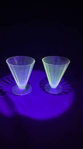 lot 214 image: Watermelon Pink and Green Depression Parfait Cups. Base Glows under Regular Black Light. Possibly Tiffin-Franciscan