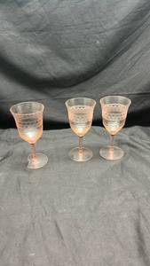 lot 215 image: Set of 3 Pink Depression Glass Wine Goblets with Decorative Band