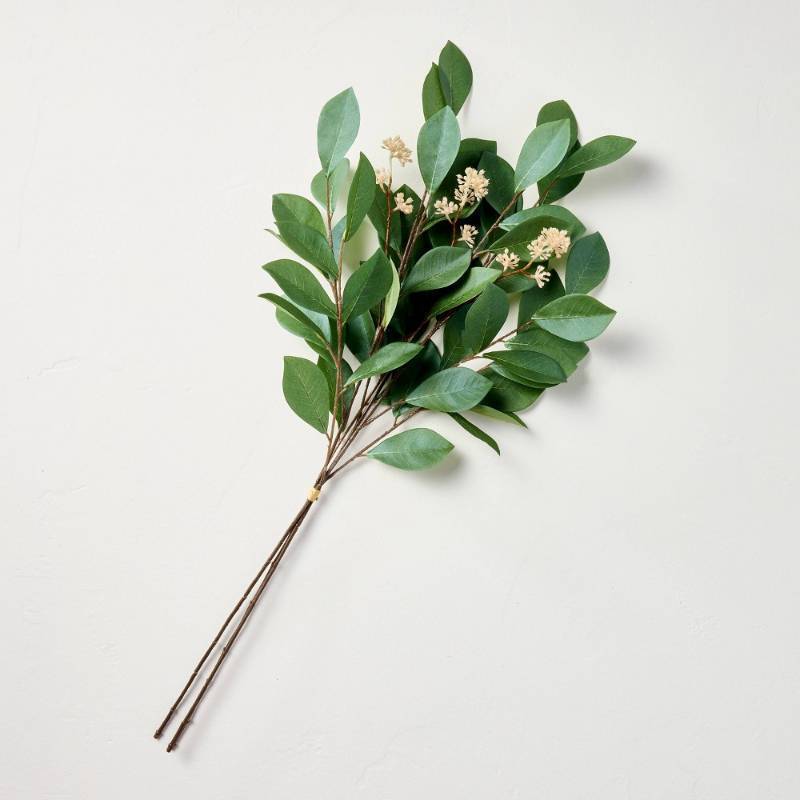 lot 1083 image: 25 Faux Pomegranate Leaf Stems Bundle - Hearth & Hand with Magnolia Set of 4 bunches - Retail $60