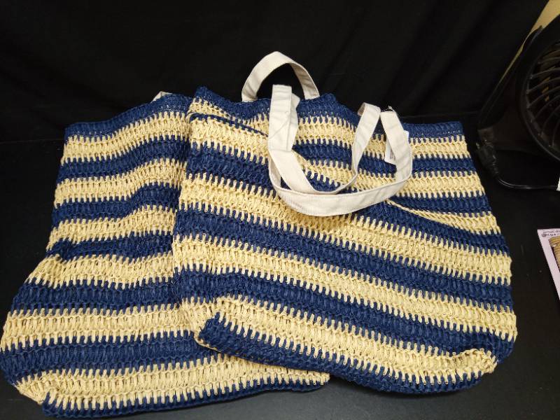 lot 1099 image: Striped Woven Tote Bag with Handles Navy Blue and Natural - Retail $12
