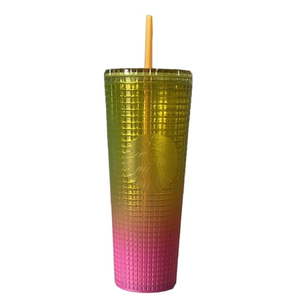lot 1023 image: NEW Starbucks 2022 Lemon Yellow Pink Gradient Ombre Grid 24oz Venti Tumbler - Retail $60