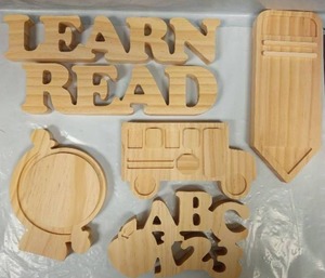lot 1057 image: Wood Craft Cutouts Set 8 Pieces Elephant House Letters Shapes - Retail $0