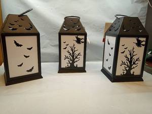 lot 1107 image: Set of 3 Halloween Decorative Light-up Lanterns with Bat Witch Tree Silhouettes - Retail $12