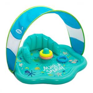 lot 1141 image: SwimSchool Baby Splash Play Mat with Adjustable Canopy �� Inflatable Play Pool for Babies & Infants with Backrest - Retail $28