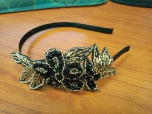lot 144 image: Beaded Black and Gold Butterfly Hair Clip Headband - Retail $20