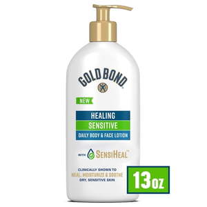 lot 157 image: Gold Bond Healing Sensitive Daily Body and Face Lotion for Dry  Sensitive Skin  13 oz. - Retail $22