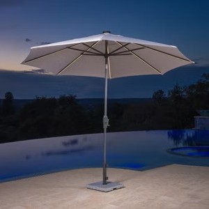lot 203 image: $180 Sunvilla 10 Round Solar LED Market Umbrella GREY BLUE STRIPS